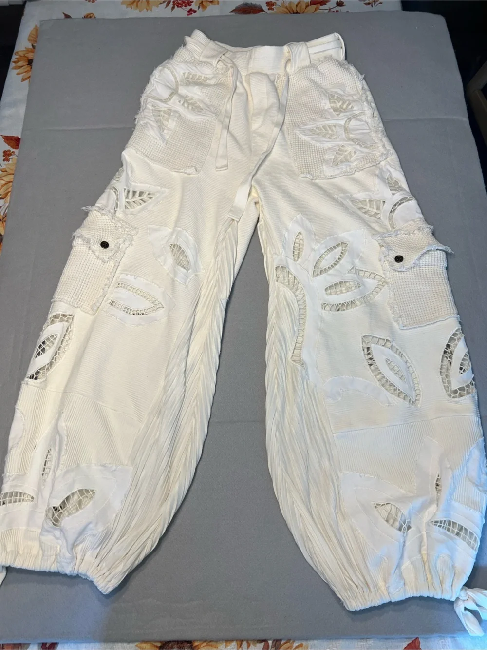Free People Womens White Ribbed Cotton Jogger Pants Drawstring Pockets Lace S